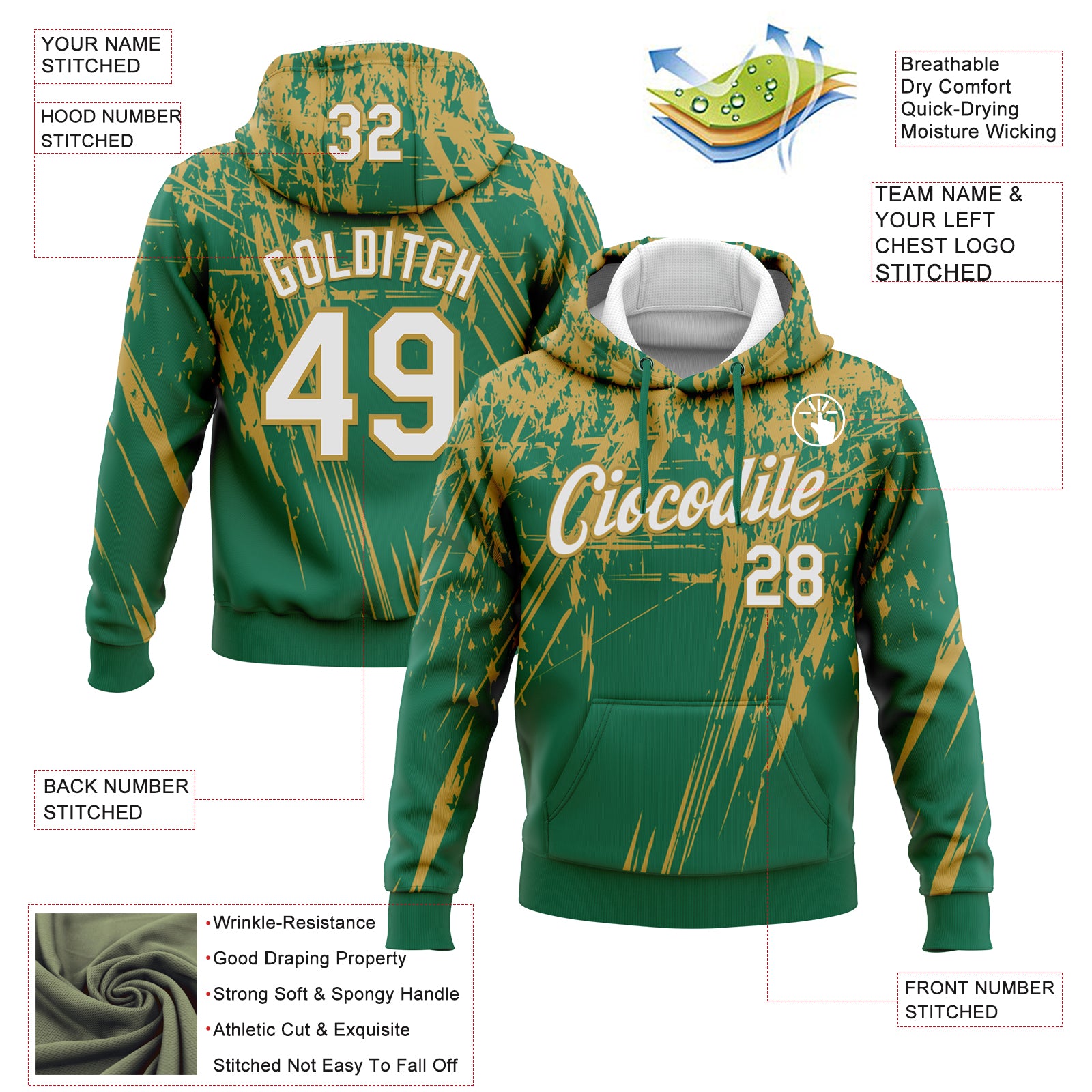 Custom Stitched Kelly Green White-Old Gold 3D Pattern Design Splash Grunge Art Sports Pullover Sweatshirt Hoodie
