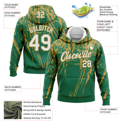 Custom Stitched Kelly Green White-Old Gold 3D Pattern Design Splash Grunge Art Sports Pullover Sweatshirt Hoodie