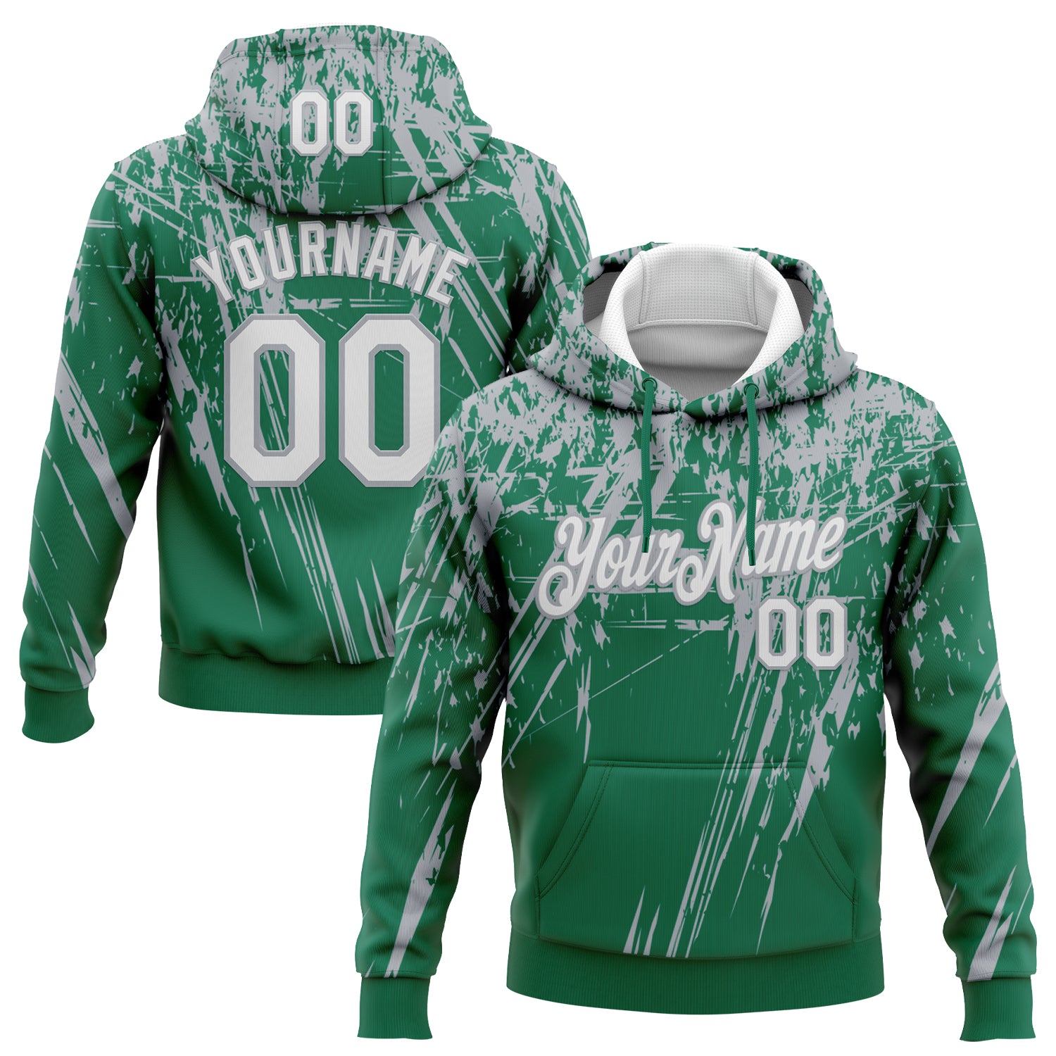 Custom Stitched Kelly Green White-Gray 3D Pattern Design Splash Grunge Art Sports Pullover Sweatshirt Hoodie