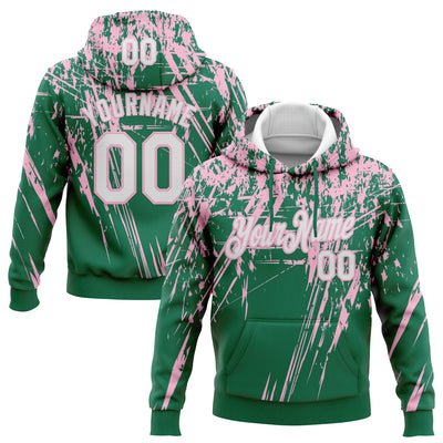 Custom Stitched Kelly Green White-Light Pink 3D Pattern Design Splash Grunge Art Sports Pullover Sweatshirt Hoodie