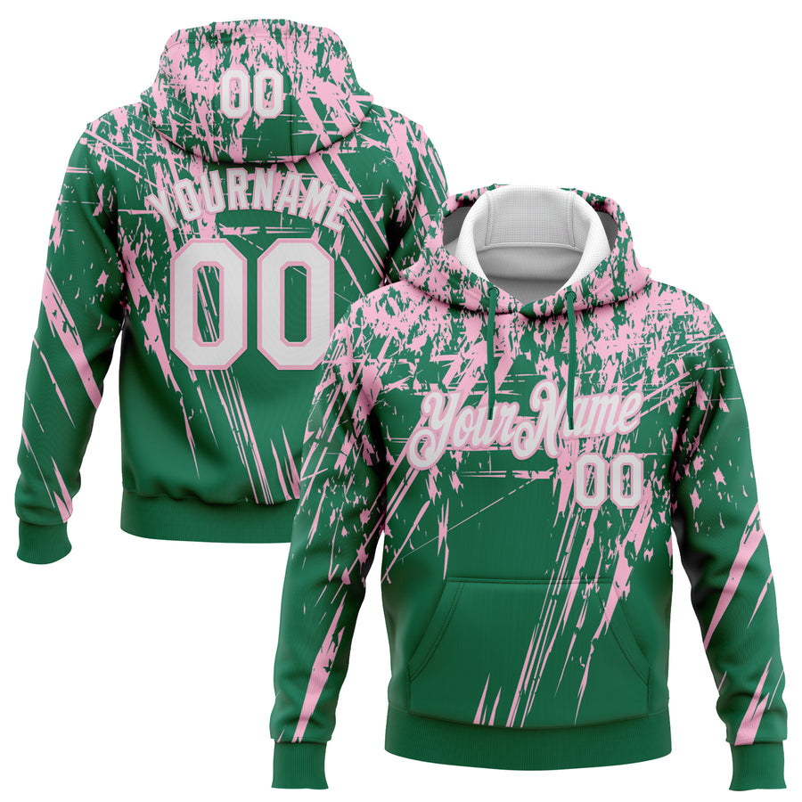 Custom Stitched Kelly Green White-Light Pink 3D Pattern Design Splash Grunge Art Sports Pullover Sweatshirt Hoodie