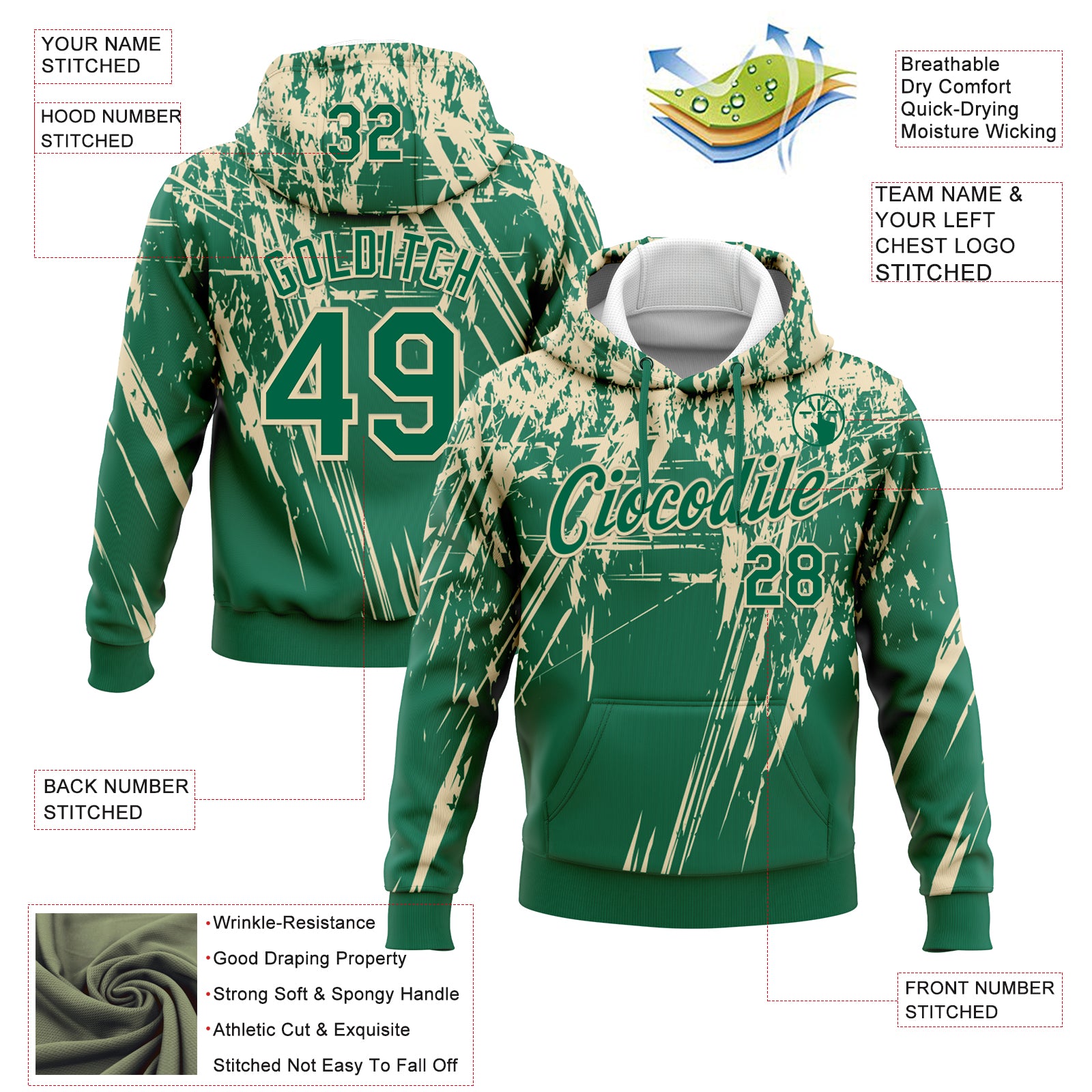 Custom Stitched Kelly Green Cream 3D Pattern Design Splash Grunge Art Sports Pullover Sweatshirt Hoodie