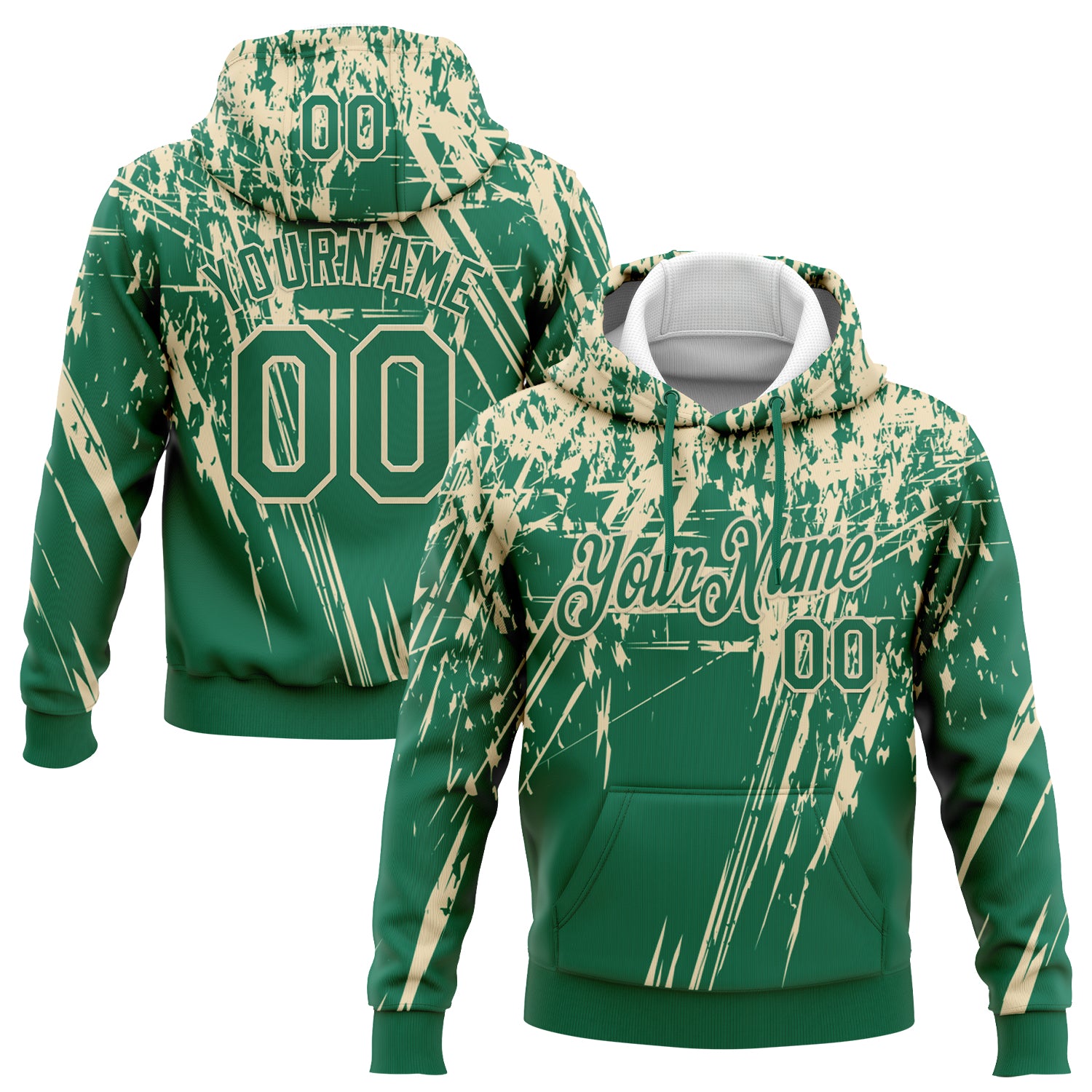 Custom Stitched Kelly Green Cream 3D Pattern Design Splash Grunge Art Sports Pullover Sweatshirt Hoodie