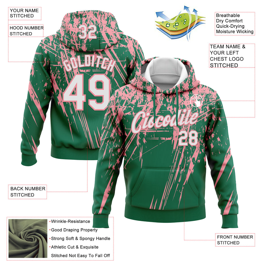 Custom Stitched Kelly Green White-Medium Pink 3D Pattern Design Splash Grunge Art Sports Pullover Sweatshirt Hoodie