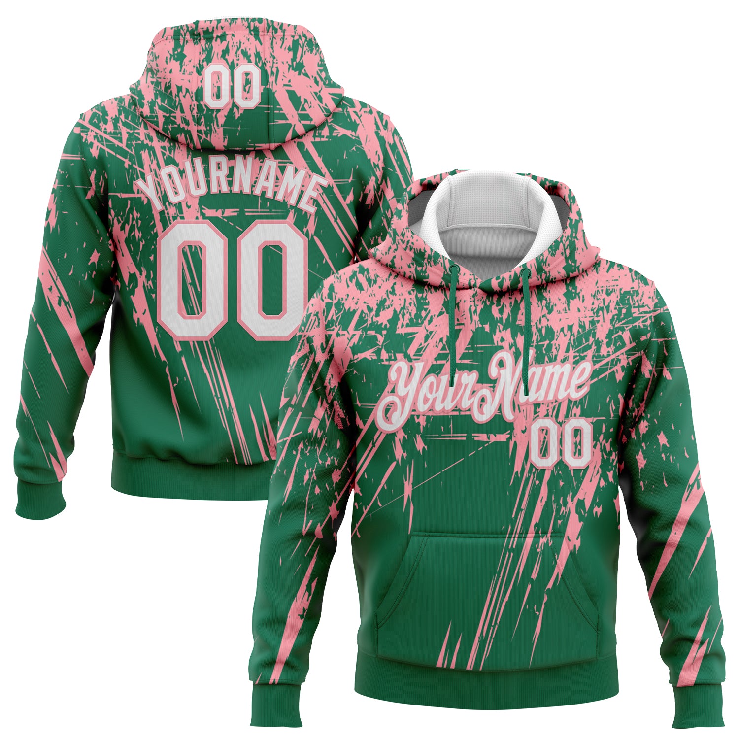 Custom Stitched Kelly Green White-Medium Pink 3D Pattern Design Splash Grunge Art Sports Pullover Sweatshirt Hoodie