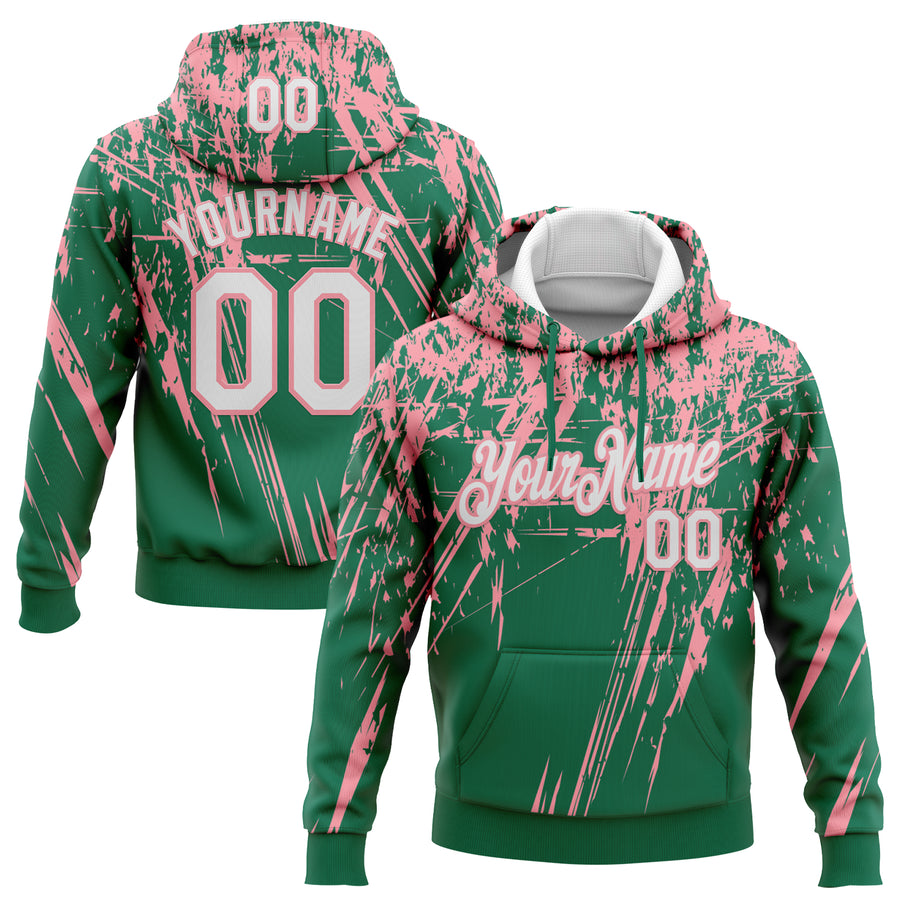 Custom Stitched Kelly Green White-Medium Pink 3D Pattern Design Splash Grunge Art Sports Pullover Sweatshirt Hoodie