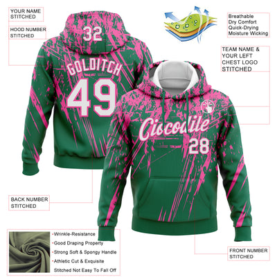 Custom Stitched Kelly Green White-Pink 3D Pattern Design Splash Grunge Art Sports Pullover Sweatshirt Hoodie