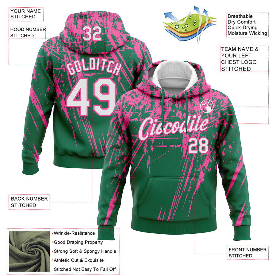 Custom Stitched Kelly Green White-Pink 3D Pattern Design Splash Grunge Art Sports Pullover Sweatshirt Hoodie