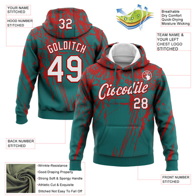 Custom Stitched Teal White-Red 3D Pattern Design Splash Grunge Art Sports Pullover Sweatshirt Hoodie
