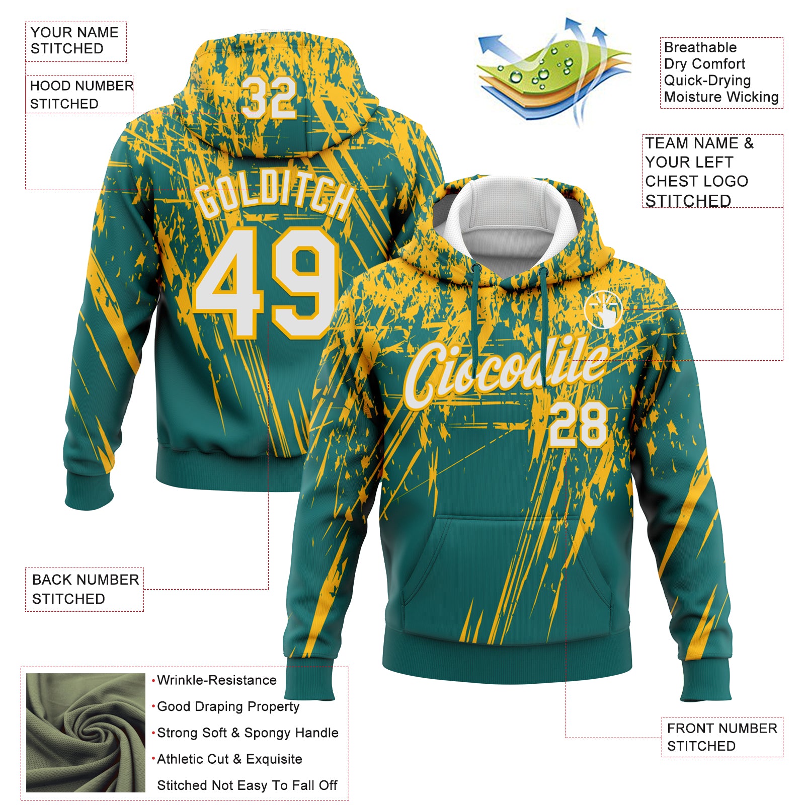 Custom Stitched Teal White-Gold 3D Pattern Design Splash Grunge Art Sports Pullover Sweatshirt Hoodie