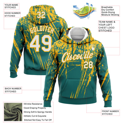Custom Stitched Teal White-Gold 3D Pattern Design Splash Grunge Art Sports Pullover Sweatshirt Hoodie
