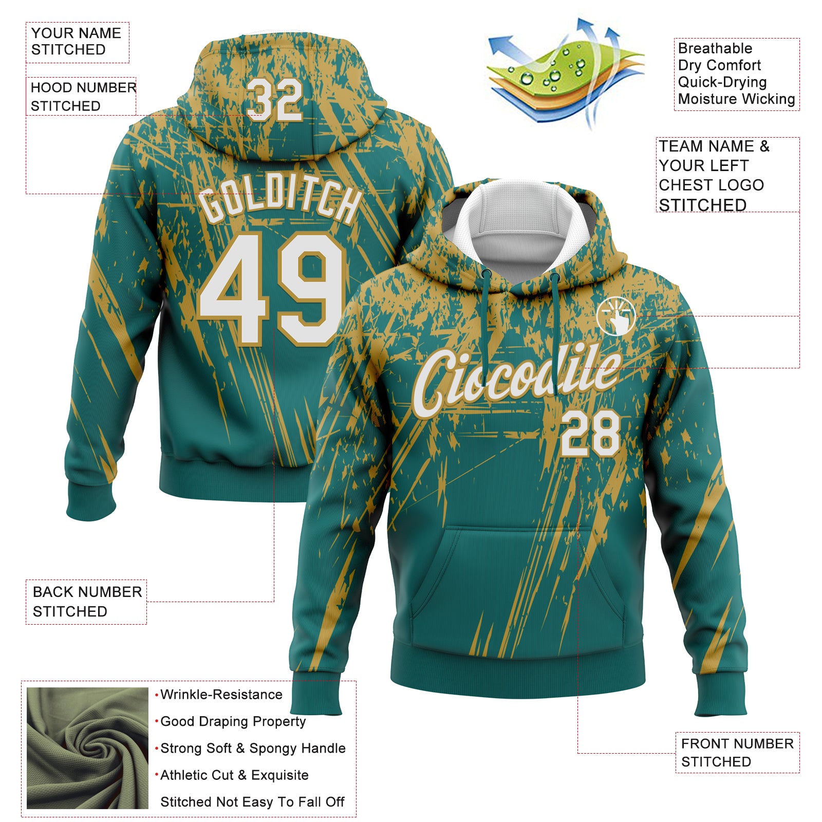 Custom Stitched Teal White-Old Gold 3D Pattern Design Splash Grunge Art Sports Pullover Sweatshirt Hoodie