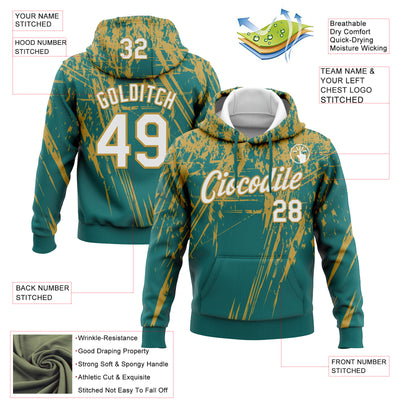 Custom Stitched Teal White-Old Gold 3D Pattern Design Splash Grunge Art Sports Pullover Sweatshirt Hoodie