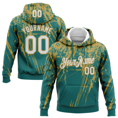 Custom Stitched Teal White-Old Gold 3D Pattern Design Splash Grunge Art Sports Pullover Sweatshirt Hoodie