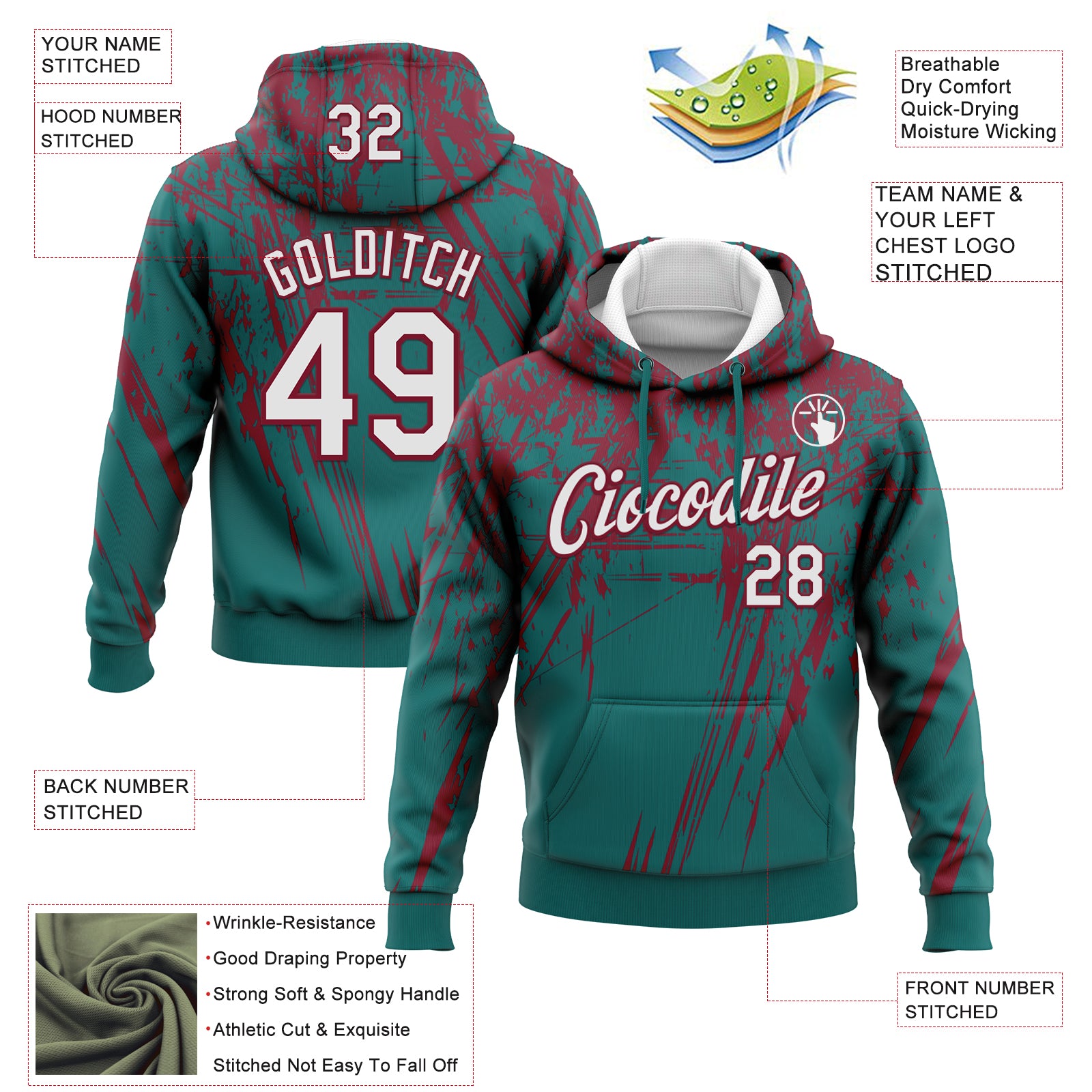 Custom Stitched Teal White-Crimson 3D Pattern Design Splash Grunge Art Sports Pullover Sweatshirt Hoodie