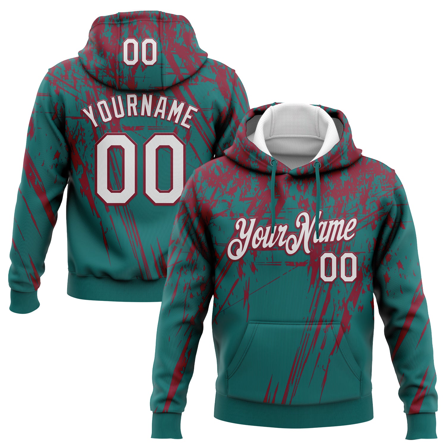 Custom Stitched Teal White-Crimson 3D Pattern Design Splash Grunge Art Sports Pullover Sweatshirt Hoodie