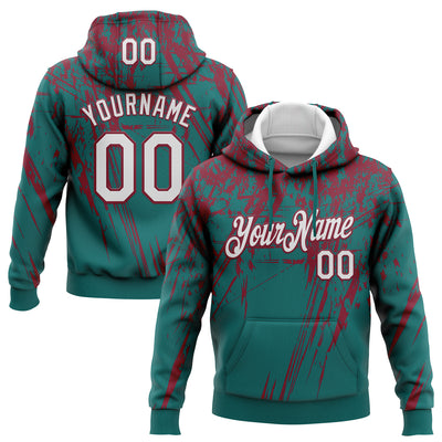 Custom Stitched Teal White-Crimson 3D Pattern Design Splash Grunge Art Sports Pullover Sweatshirt Hoodie