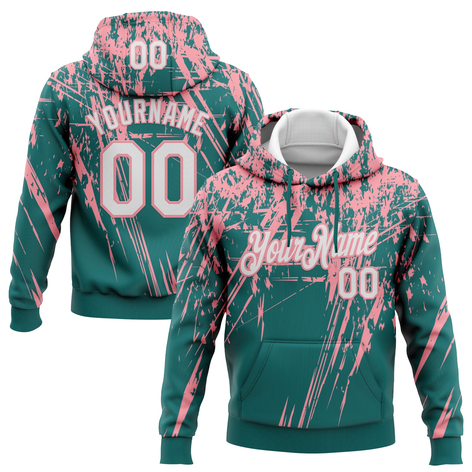 Custom Stitched Teal White-Medium Pink 3D Pattern Design Splash Grunge Art Sports Pullover Sweatshirt Hoodie