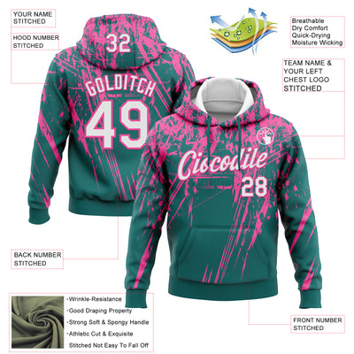 Custom Stitched Teal White-Pink 3D Pattern Design Splash Grunge Art Sports Pullover Sweatshirt Hoodie