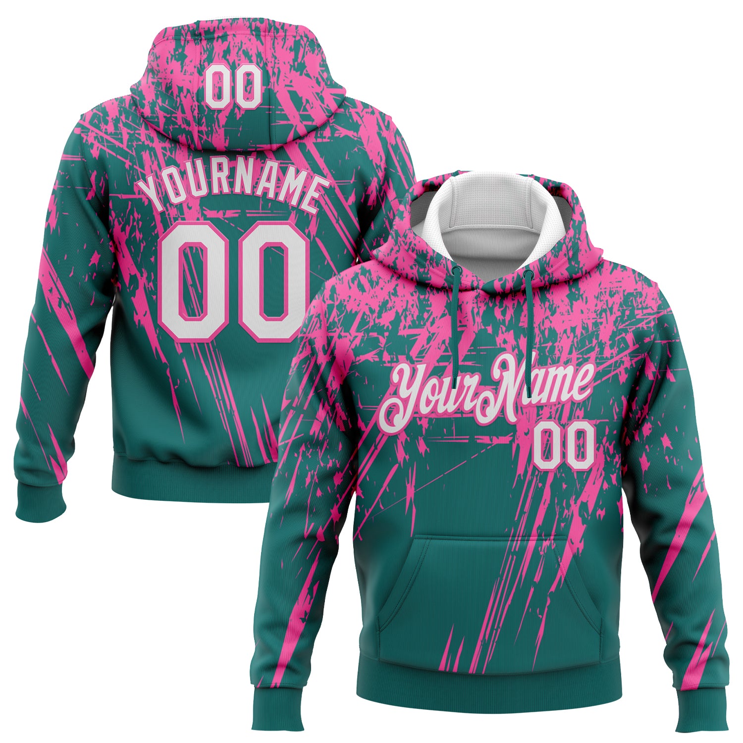Custom Stitched Teal White-Pink 3D Pattern Design Splash Grunge Art Sports Pullover Sweatshirt Hoodie