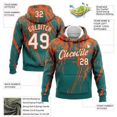 Custom Stitched Teal White-Orange 3D Pattern Design Splash Grunge Art Sports Pullover Sweatshirt Hoodie