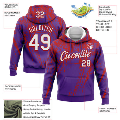 Custom Stitched Purple White-Red 3D Pattern Design Splash Grunge Art Sports Pullover Sweatshirt Hoodie