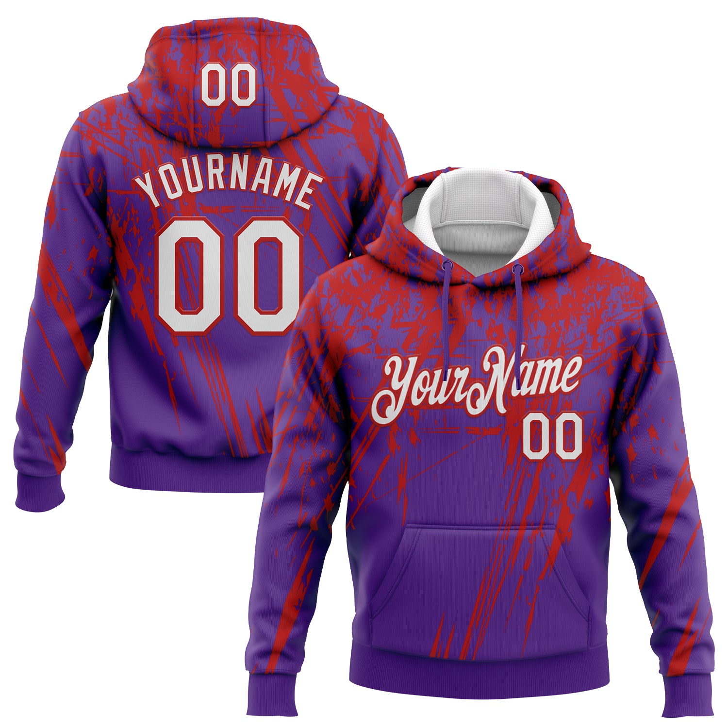 Custom Stitched Purple White-Red 3D Pattern Design Splash Grunge Art Sports Pullover Sweatshirt Hoodie