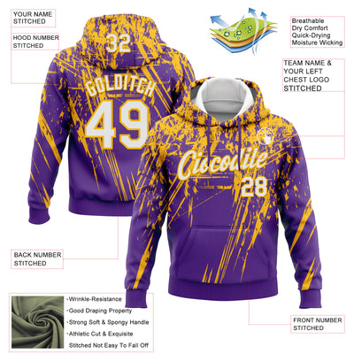 Custom Stitched Purple White-Gold 3D Pattern Design Splash Grunge Art Sports Pullover Sweatshirt Hoodie