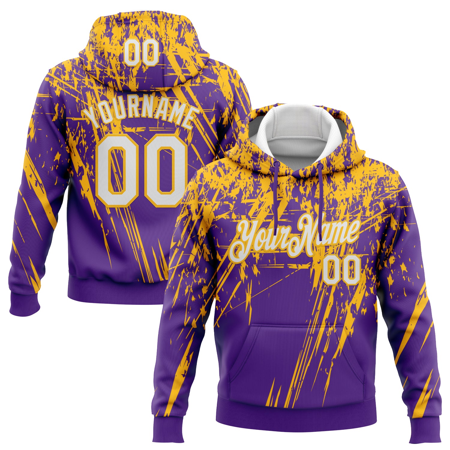 Custom Stitched Purple White-Gold 3D Pattern Design Splash Grunge Art Sports Pullover Sweatshirt Hoodie