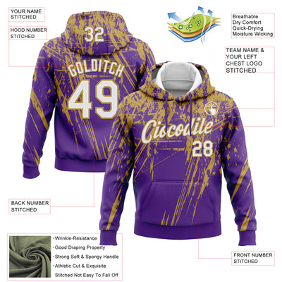 Custom Stitched Purple White-Old Gold 3D Pattern Design Splash Grunge Art Sports Pullover Sweatshirt Hoodie