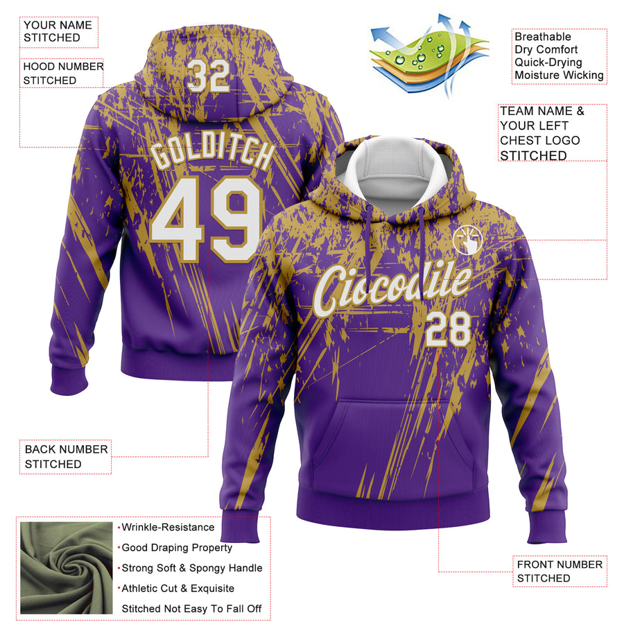 Custom Stitched Purple White-Old Gold 3D Pattern Design Splash Grunge Art Sports Pullover Sweatshirt Hoodie