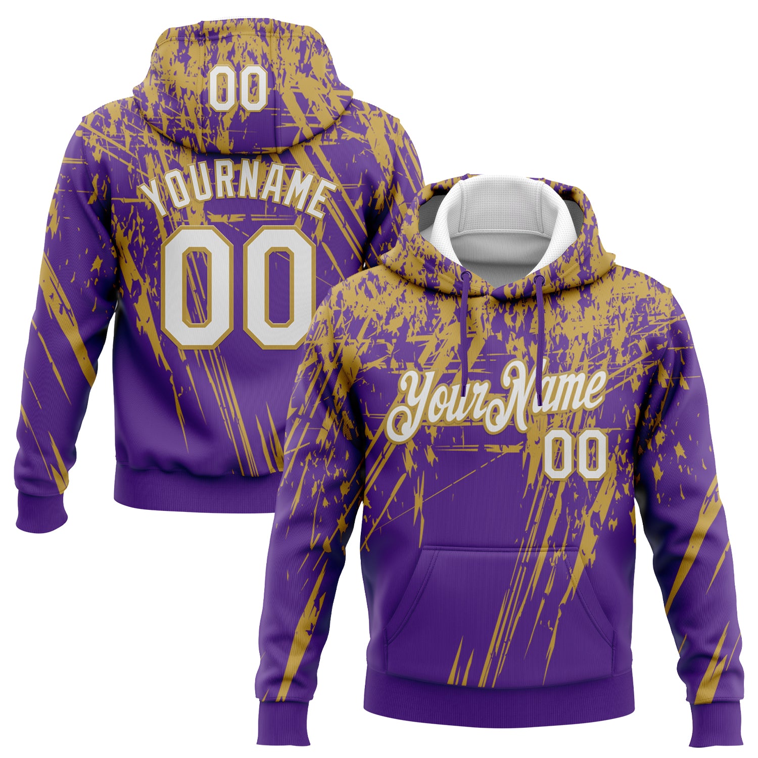 Custom Stitched Purple White-Old Gold 3D Pattern Design Splash Grunge Art Sports Pullover Sweatshirt Hoodie