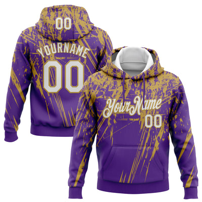 Custom Stitched Purple White-Old Gold 3D Pattern Design Splash Grunge Art Sports Pullover Sweatshirt Hoodie