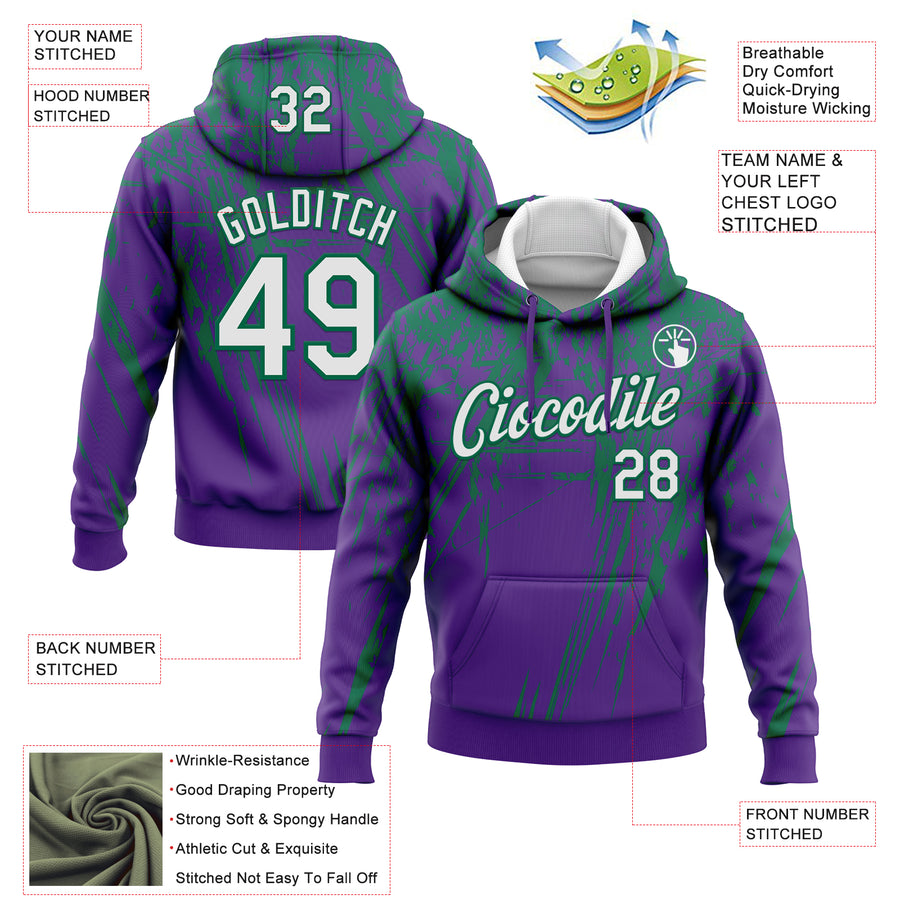 Custom Stitched Purple White-Kelly Green 3D Pattern Design Splash Grunge Art Sports Pullover Sweatshirt Hoodie