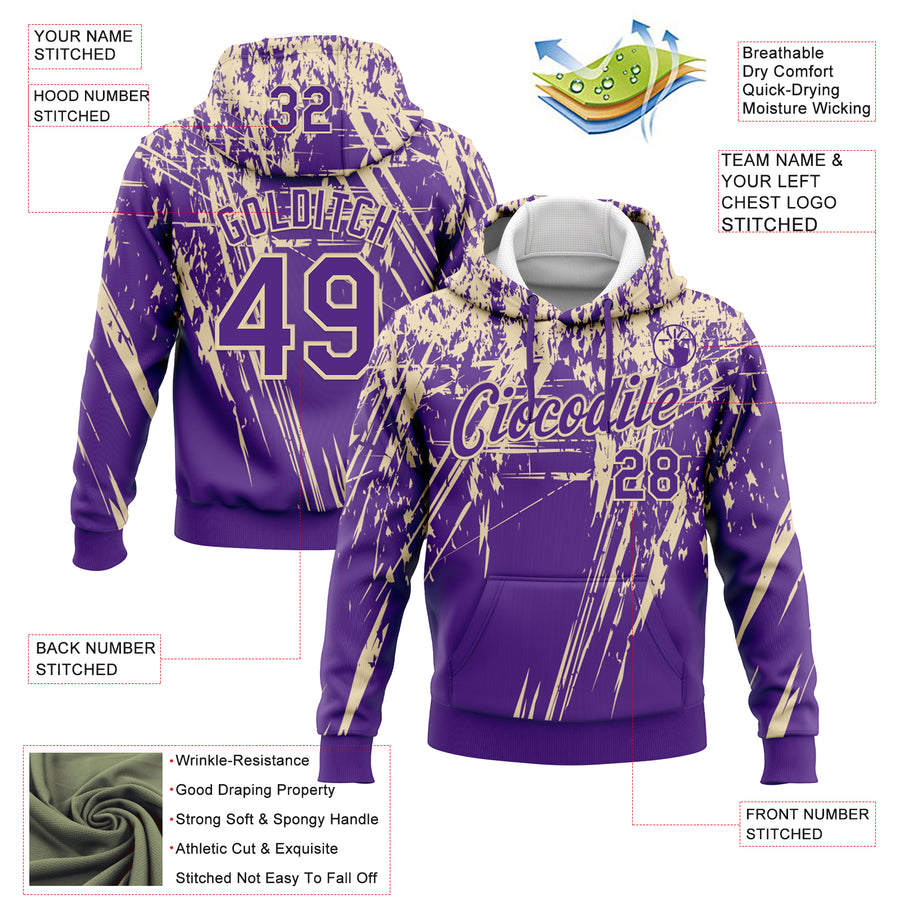 Custom Stitched Purple Cream 3D Pattern Design Splash Grunge Art Sports Pullover Sweatshirt Hoodie