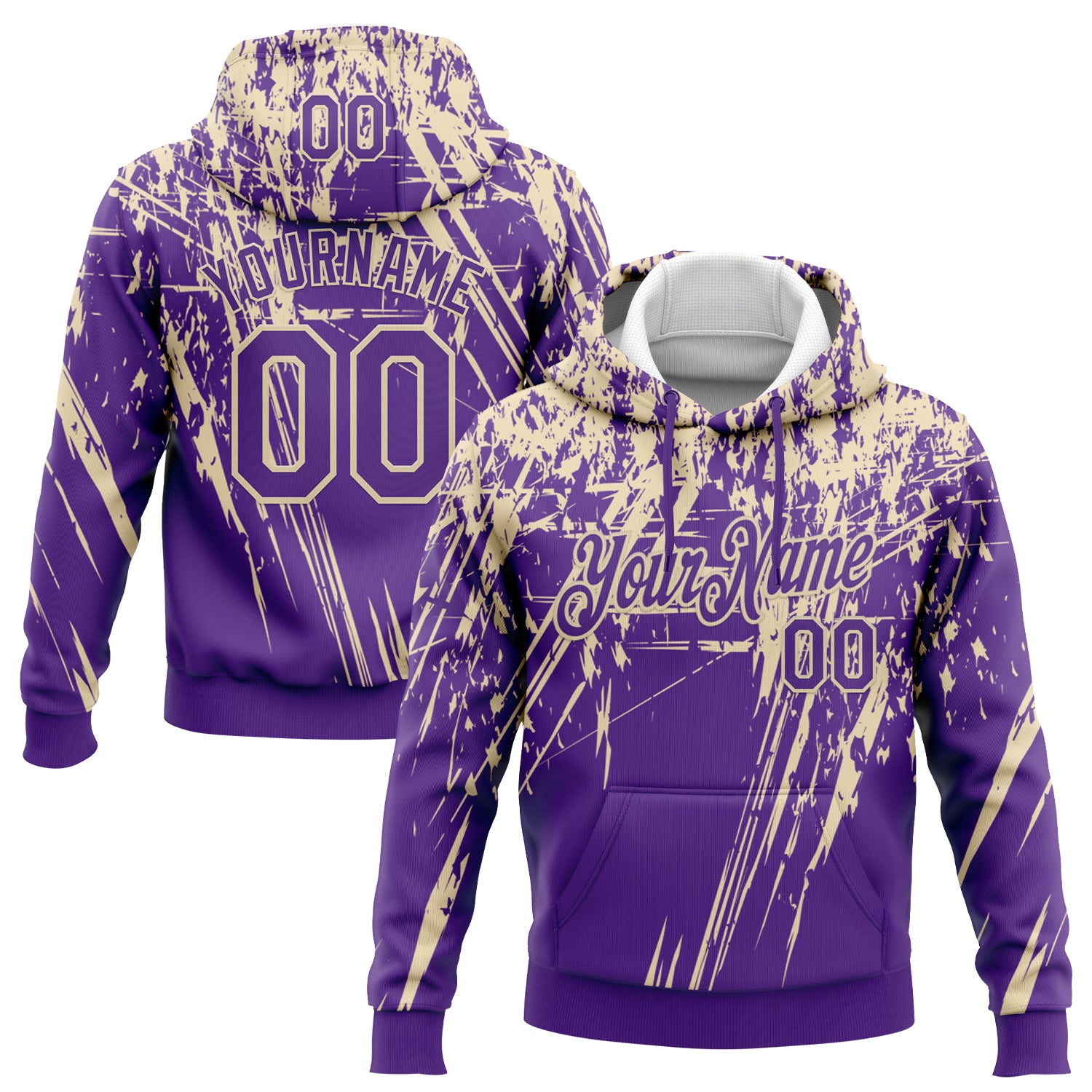 Custom Stitched Purple Cream 3D Pattern Design Splash Grunge Art Sports Pullover Sweatshirt Hoodie