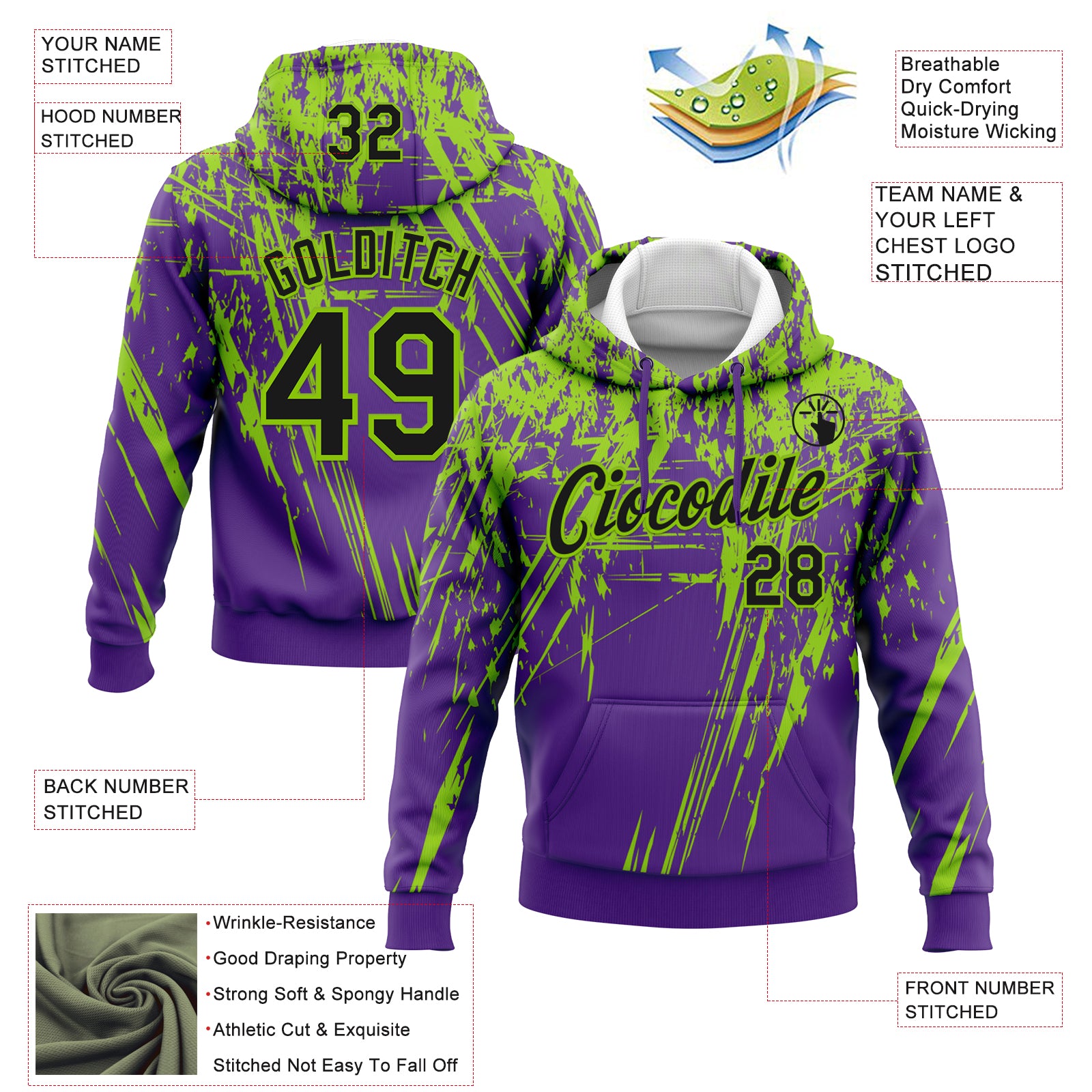 Custom Stitched Purple Black-Neon Green 3D Pattern Design Splash Grunge Art Sports Pullover Sweatshirt Hoodie