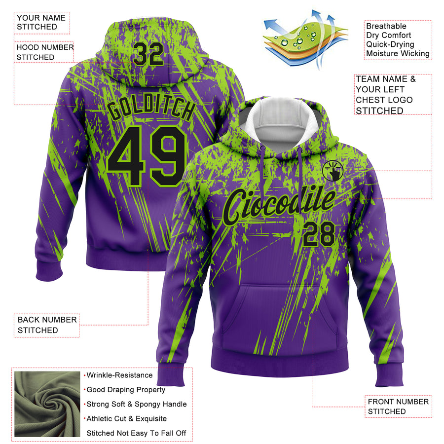 Custom Stitched Purple Black-Neon Green 3D Pattern Design Splash Grunge Art Sports Pullover Sweatshirt Hoodie