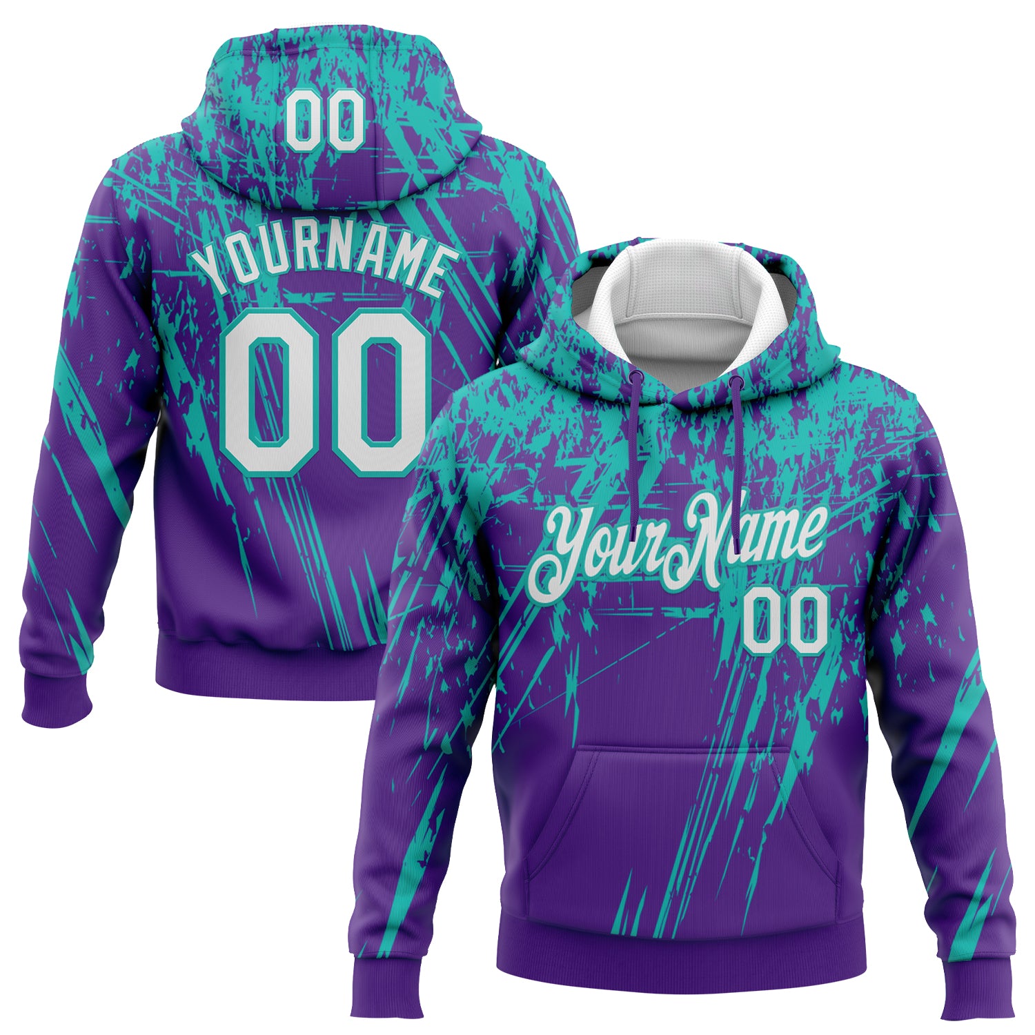 Custom Stitched Purple White-Aqua 3D Pattern Design Splash Grunge Art Sports Pullover Sweatshirt Hoodie