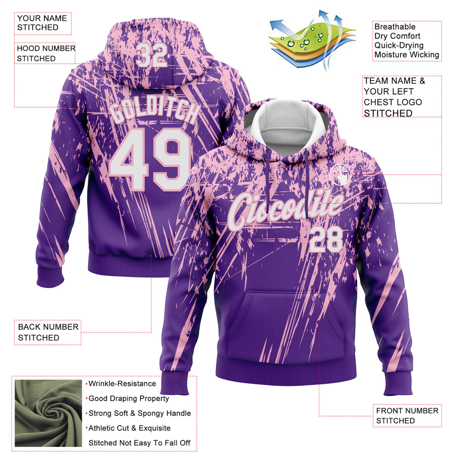Custom Stitched Purple White-Light Pink 3D Pattern Design Splash Grunge Art Sports Pullover Sweatshirt Hoodie