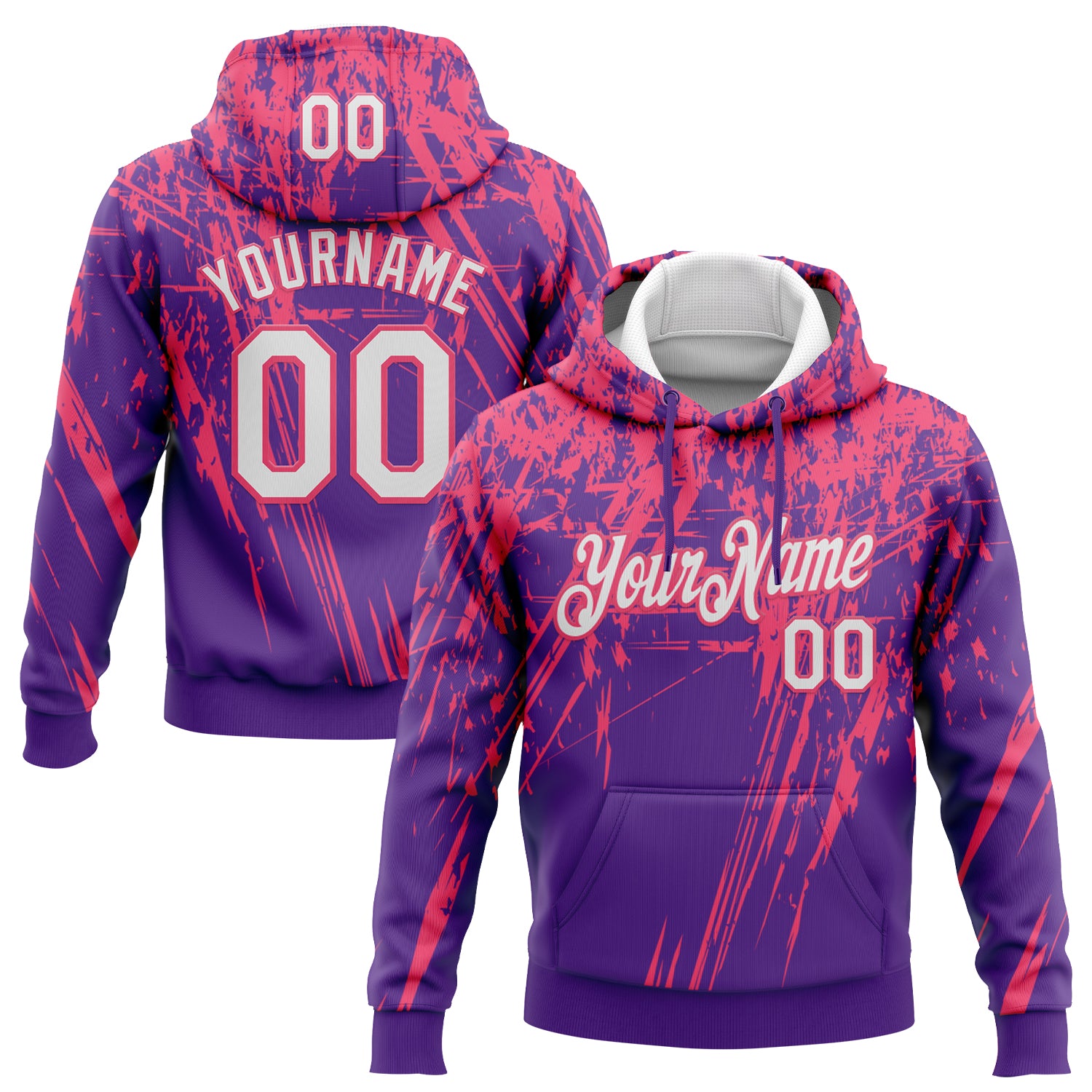 Custom Stitched Purple White-Neon Pink 3D Pattern Design Splash Grunge Art Sports Pullover Sweatshirt Hoodie