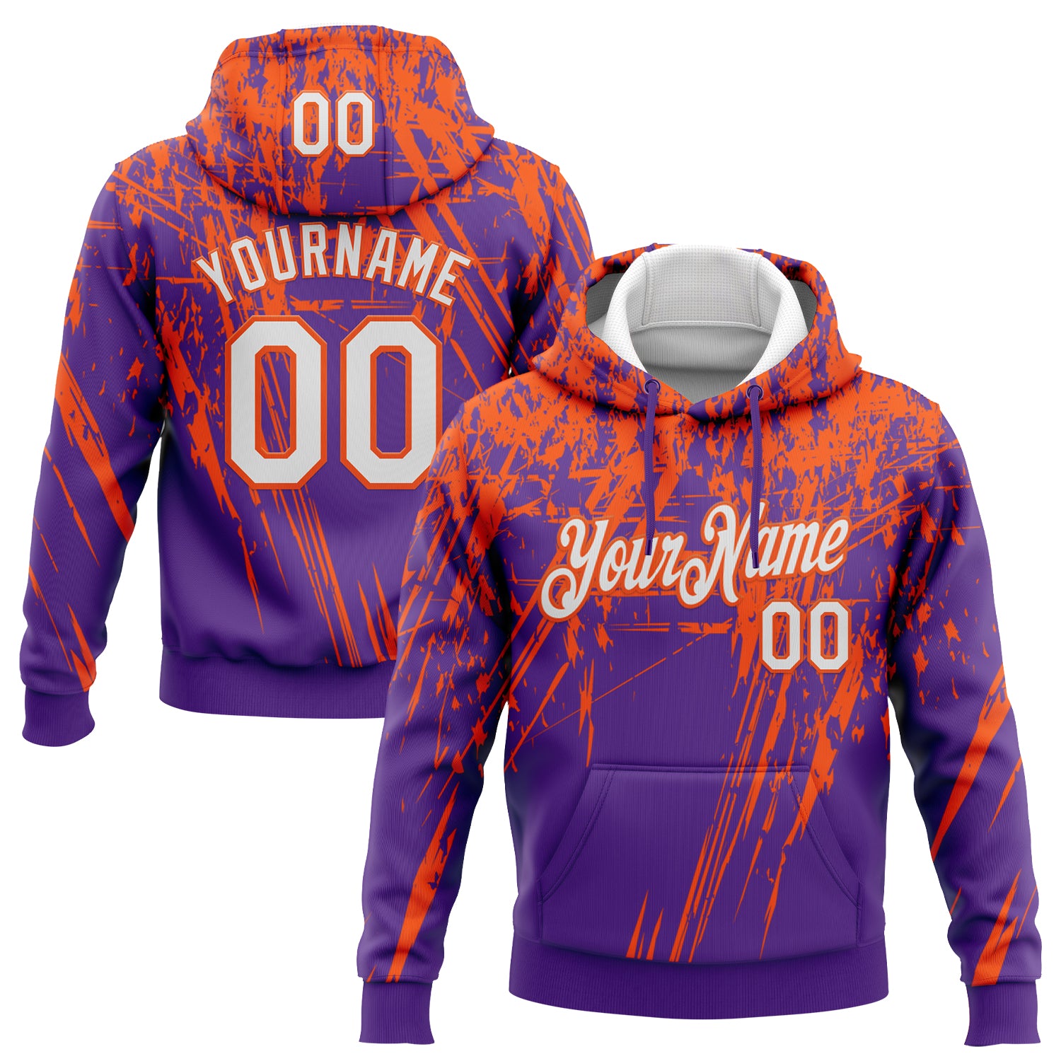 Custom Stitched Purple White-Orange 3D Pattern Design Splash Grunge Art Sports Pullover Sweatshirt Hoodie