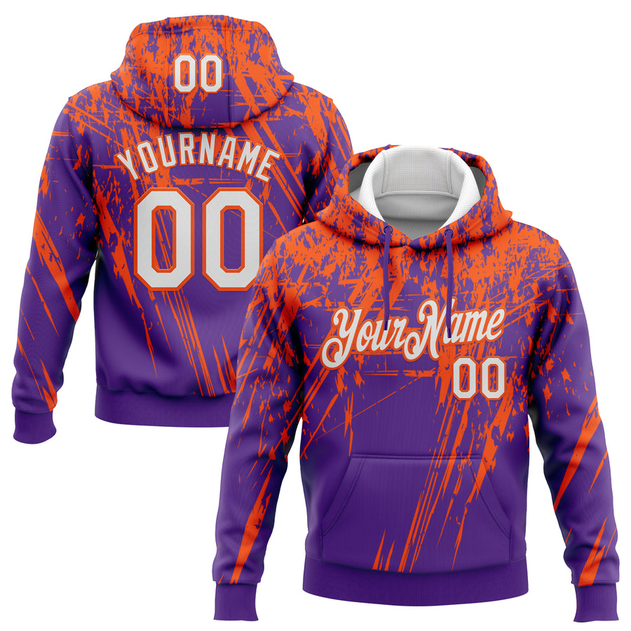 Custom Stitched Purple White-Orange 3D Pattern Design Splash Grunge Art Sports Pullover Sweatshirt Hoodie