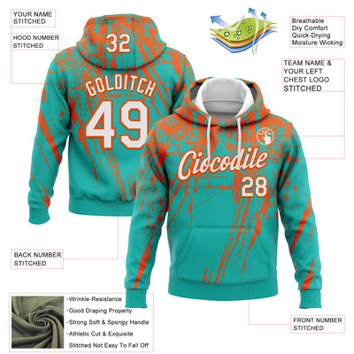 Custom Stitched Aqua White-Orange 3D Pattern Design Splash Grunge Art Sports Pullover Sweatshirt Hoodie