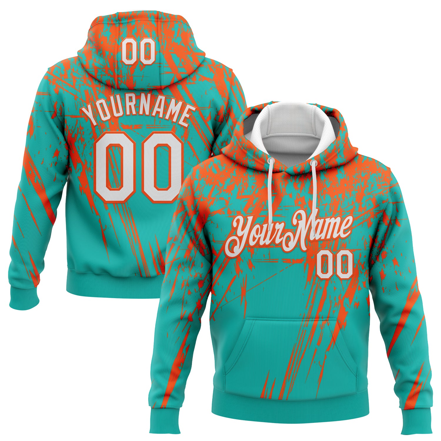 Custom Stitched Aqua White-Orange 3D Pattern Design Splash Grunge Art Sports Pullover Sweatshirt Hoodie