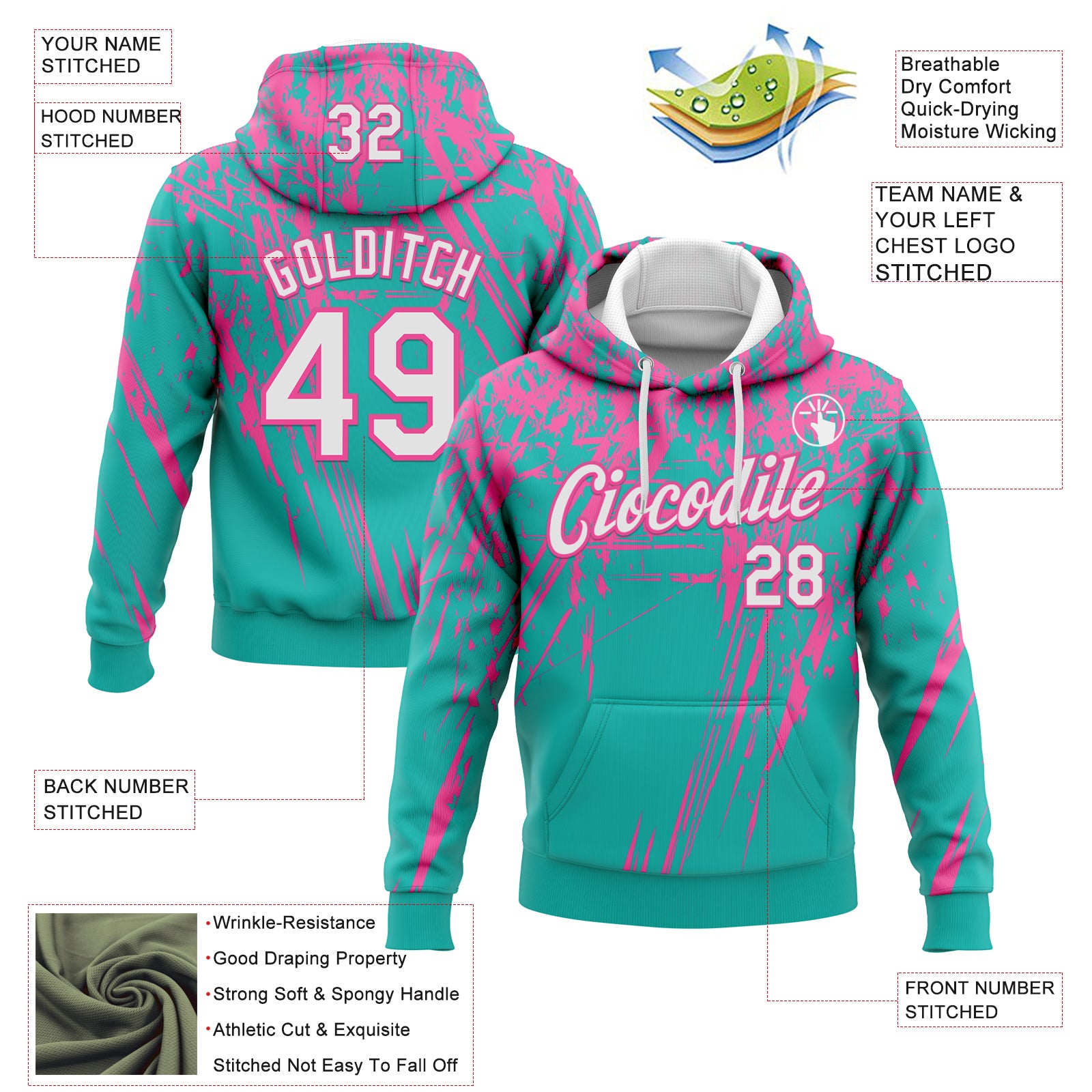 Custom Stitched Aqua White-Pink 3D Pattern Design Splash Grunge Art Sports Pullover Sweatshirt Hoodie