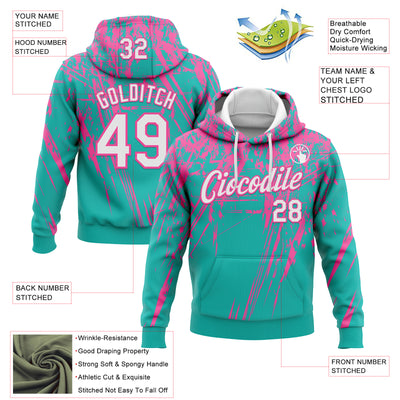 Custom Stitched Aqua White-Pink 3D Pattern Design Splash Grunge Art Sports Pullover Sweatshirt Hoodie