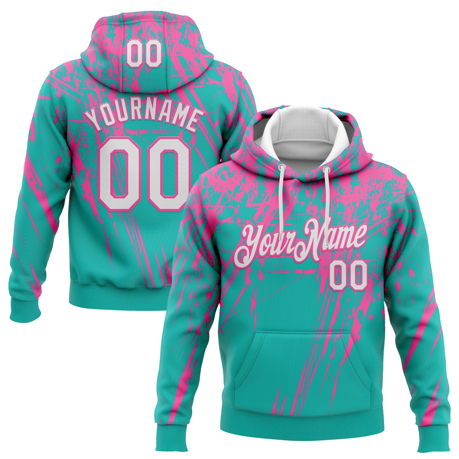 Custom Stitched Aqua White-Pink 3D Pattern Design Splash Grunge Art Sports Pullover Sweatshirt Hoodie