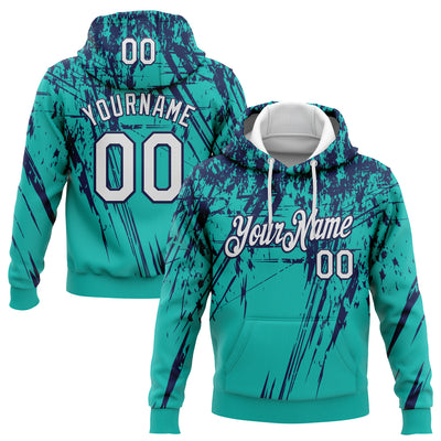 Custom Stitched Aqua White-Navy 3D Pattern Design Splash Grunge Art Sports Pullover Sweatshirt Hoodie