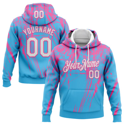 Custom Stitched Sky Blue White-Pink 3D Pattern Design Splash Grunge Art Sports Pullover Sweatshirt Hoodie